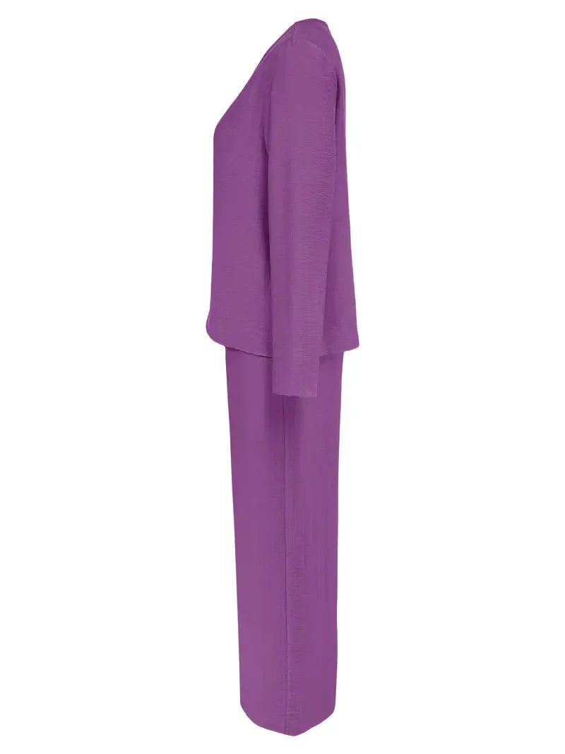 Solid Color Casual V-neck Trousers Women's 2piece Set Spring Autumn New Fashion Pocket Straight Trousers Female Office Suit 2025