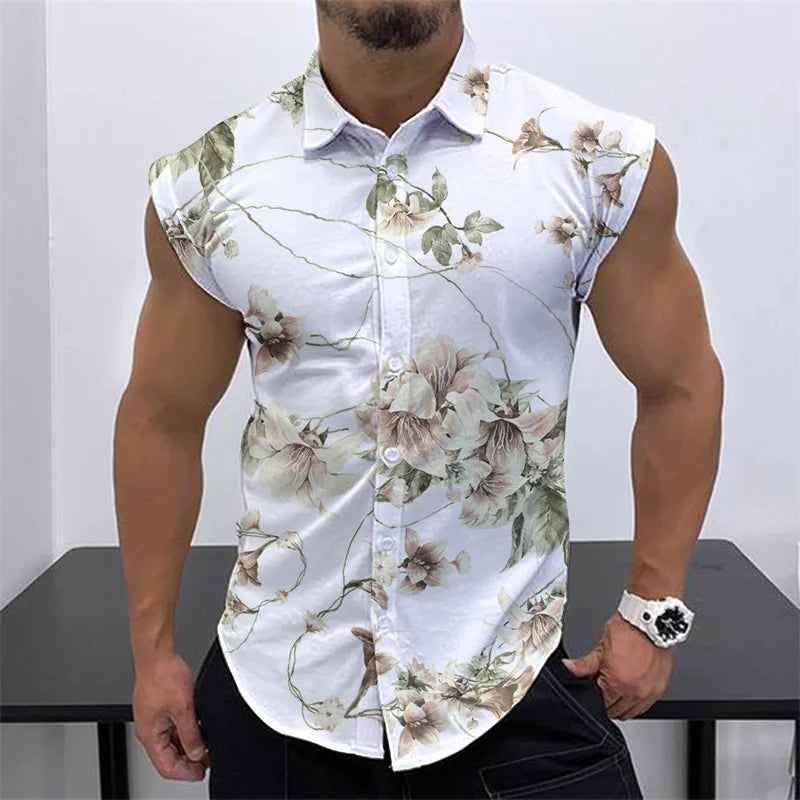 Hawaiian Men's Shirt Coconut Print Flap Collar Sleeveless Top Beach Holiday Style Shirt Fashion Men's Clothing