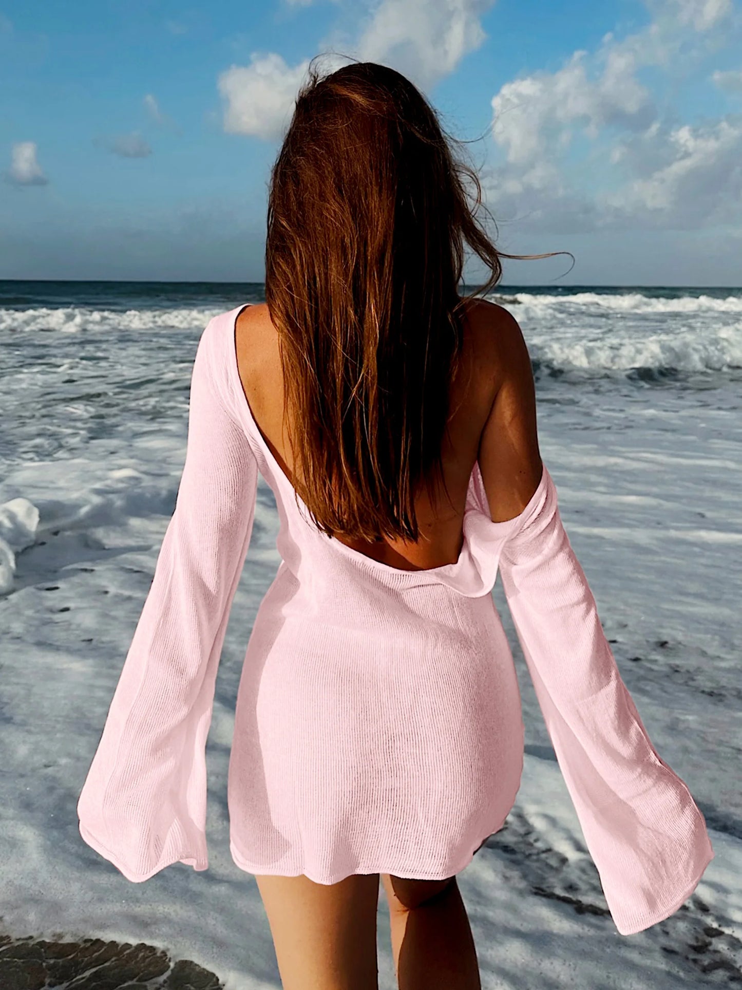 Summer Seaside Women's Solid Knit Mini Dress 2025 Sexy Backless Bell Sleeve See Through Short Dress Beach Swimsuit Cover Up K98