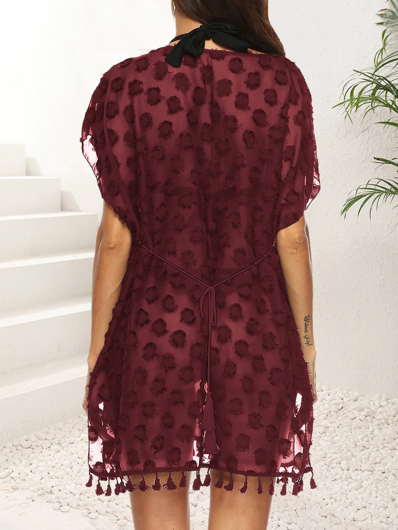 VigoCasey Sexy Women Solid Tassels Bikini Cove Up Short Sleeve Loose Lady Beach Dress Female Brazilian Swimsuit Cover-Ups