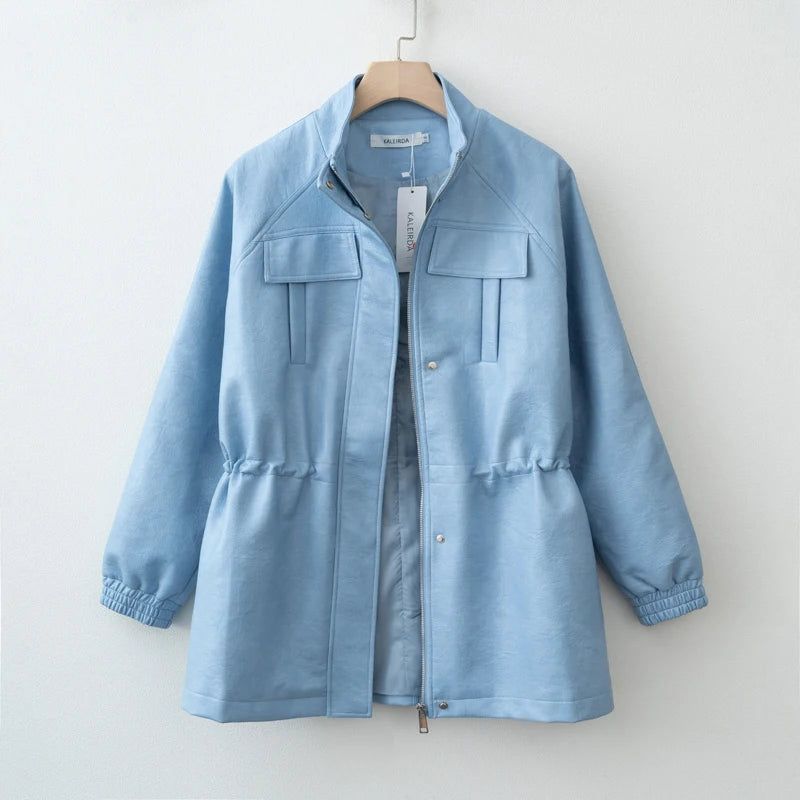 Women Fashion 2025 Fall / Autumn Pu Leather Jacket with Elastic adjustable waist Female Coat and Outerwear