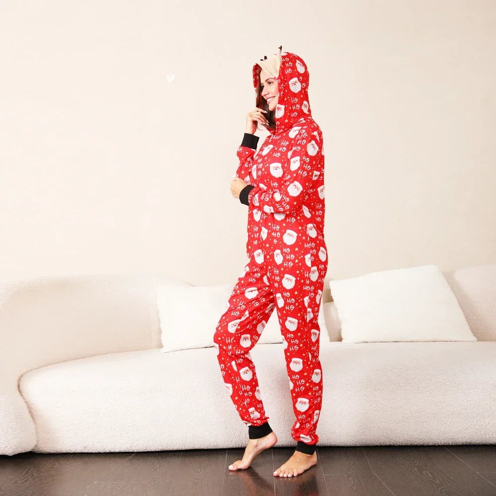 Christmas Gift Mother Father Kids Matching Outfits Cute Deer Ear Hooded Romper Overall Soft Loose One-Piece Pajamas Family Look