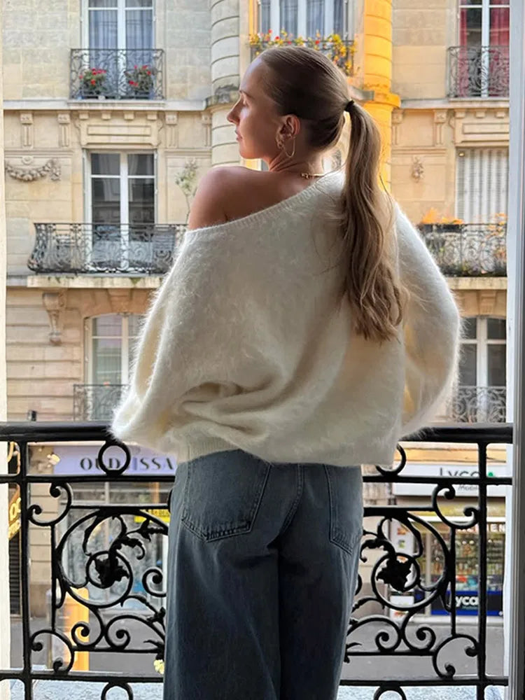 Women Solid Off Shoulder Pullover Fashion Classic Full Sleeve Loose Knitted Mohair Knitwear Lady High Street Autumn Sweaters