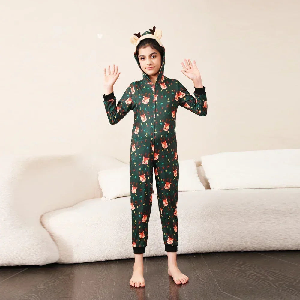 Christmas Gift Mother Father Kids Matching Outfits Cute Deer Ear Hooded Romper Overall Soft Loose One-Piece Pajamas Family Look