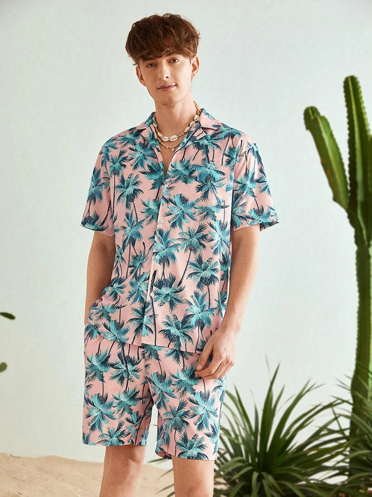 Hawaii Shirt Set Mens Yellow Duck Print Fashion Pattern Summer Fashion Casual Daily Large Button Down Shirt Shorts Two Piece Set