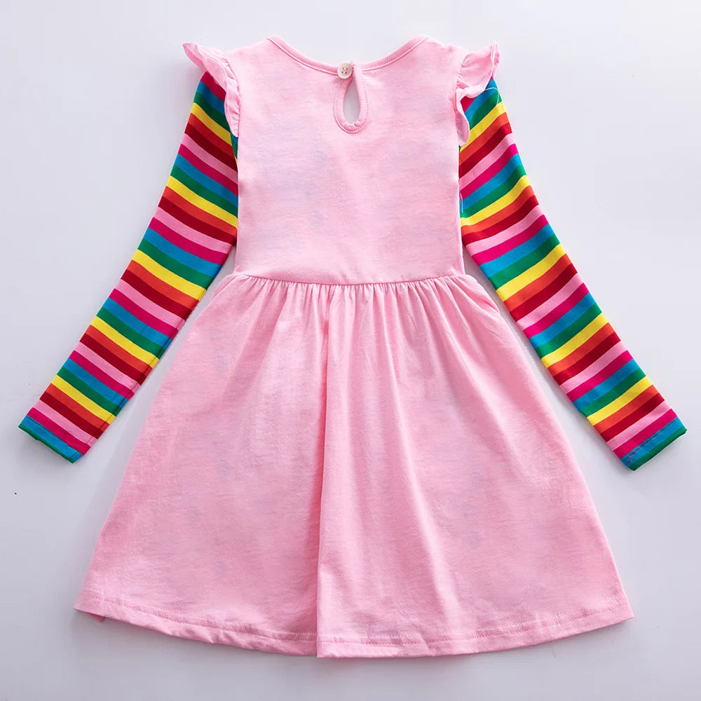 Girls' Long Sleeve Unicorn Dress Autumn Embroidery Two Pockets Rainbow Sleeves 81035