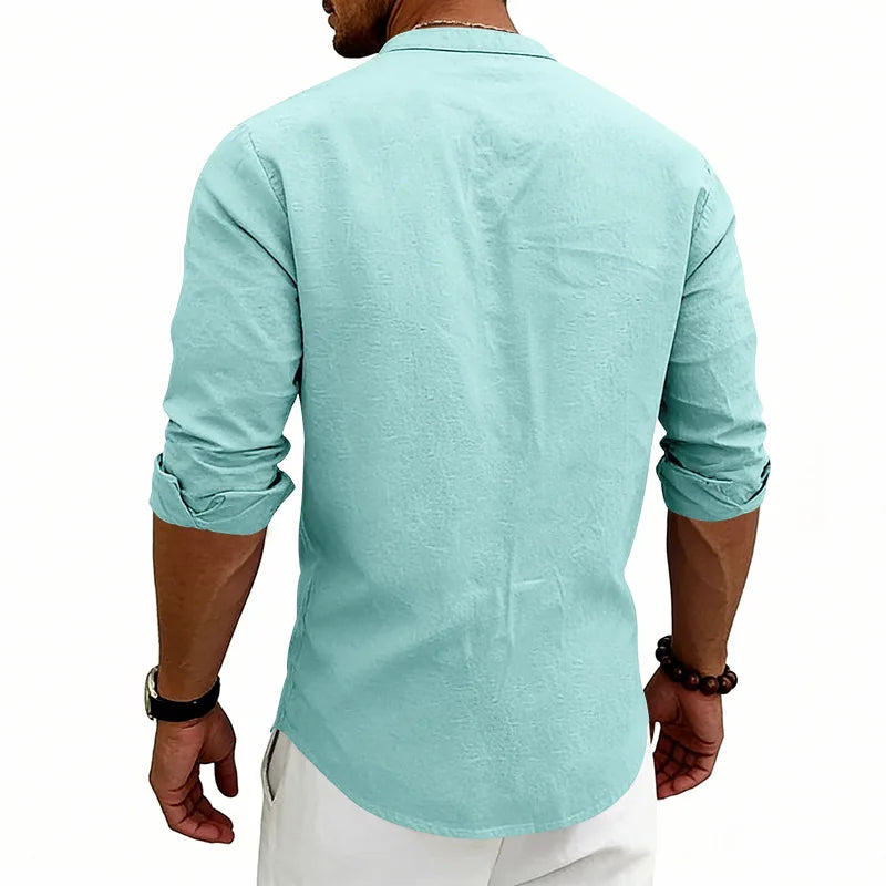 Summer Men's Linen Henry Long Sleeve T-Shirt  European and American Woven Solid Color Casual Polo Shirt