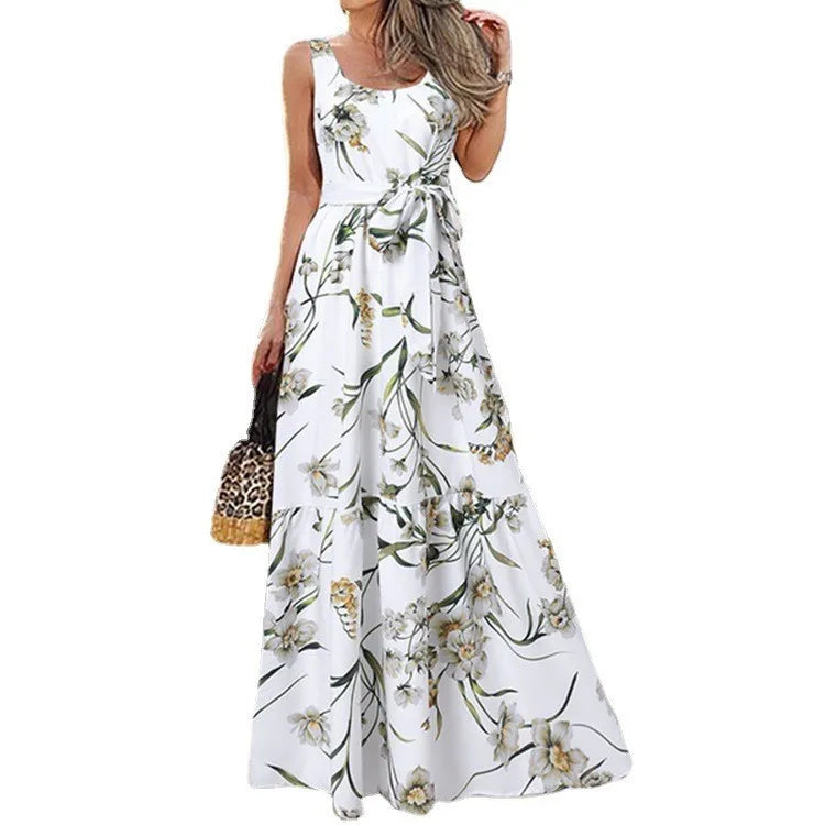 Summer Flower Print Sleeveless Long Dresses Women Elegant Casual Vacation Style Dress O Neck High Waist Leace-up Maxi Vestidos