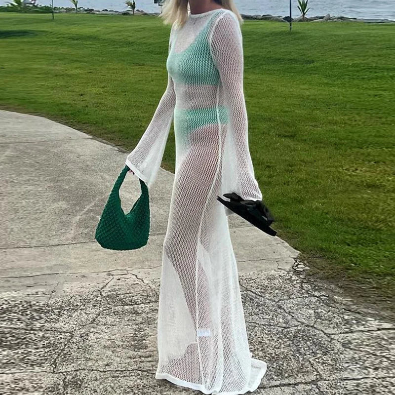 New Style Knitted Backless Long Sleeve Dress Ladies Beach Holiday Bikini Cover Up See-Through Beachwear Sunscreen Long Dress