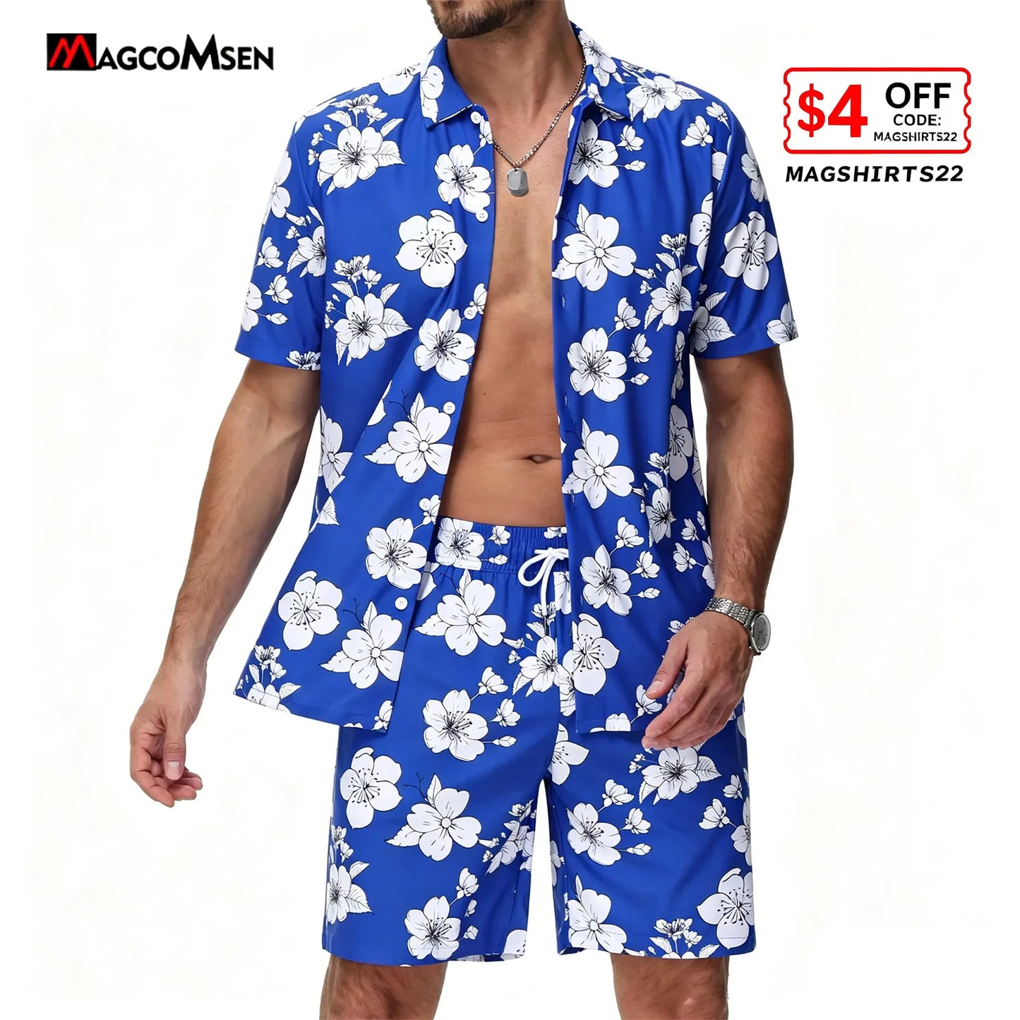 Men’s Hawaiian Shirt Shorts Set 2 Piece Tropical Print Short Sleeve Button Down Breathable Summer Beach Vacation MAGCOMSEN