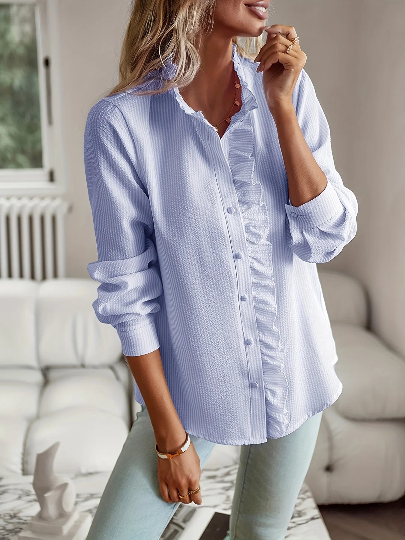 New Style 2024 temperament commuter blouse cardigan ruffled long-sleeved puffy-sleeved shirt blouse woman