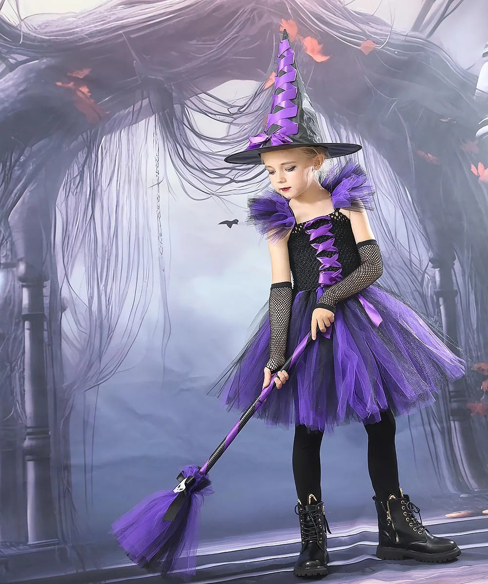 Halloween New Witch Dress Cosplay Costume Dress for Girl Carnival Party Dress Hat Broom Fancy Clothes Suit