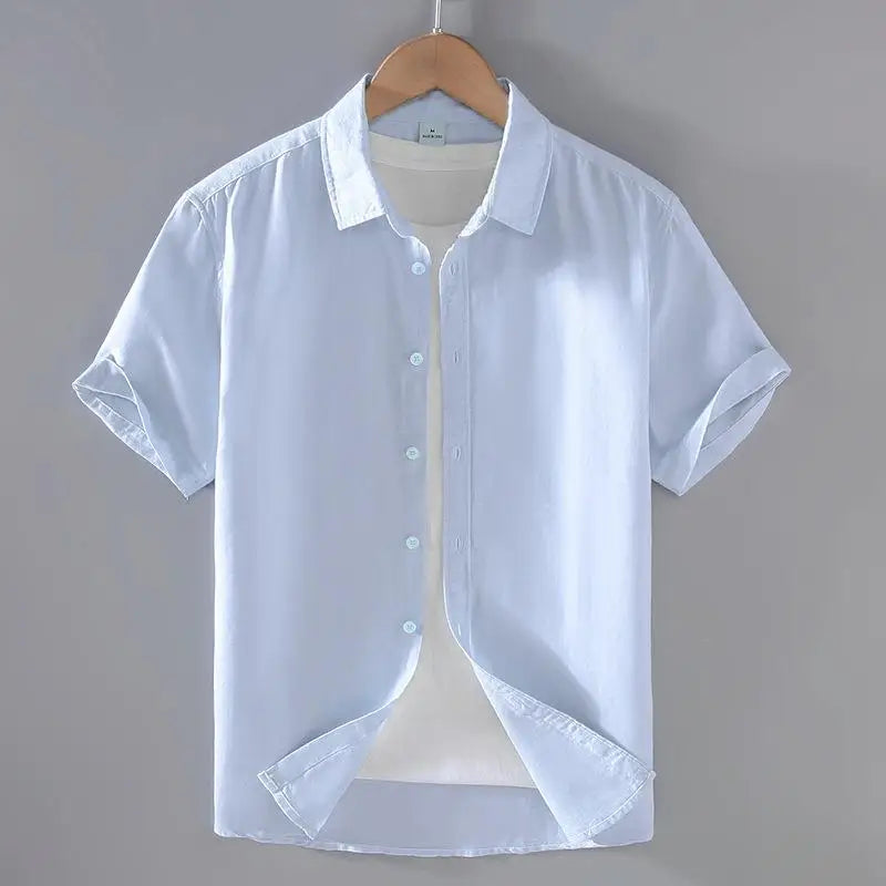 Men's Cotton Linen Short-Sleeved Shirt Summer Streetwear Plain Color Stand Collar Casual Beach Style plus Size M-3XL