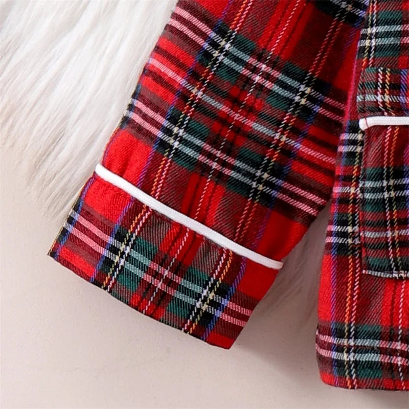 FOCUSNORM 0-5Y Autumn Winter Kids Girls Boys Christmas Pajamas Clothes Sets Plaid Print Turn Down Collar Shirts+Pants