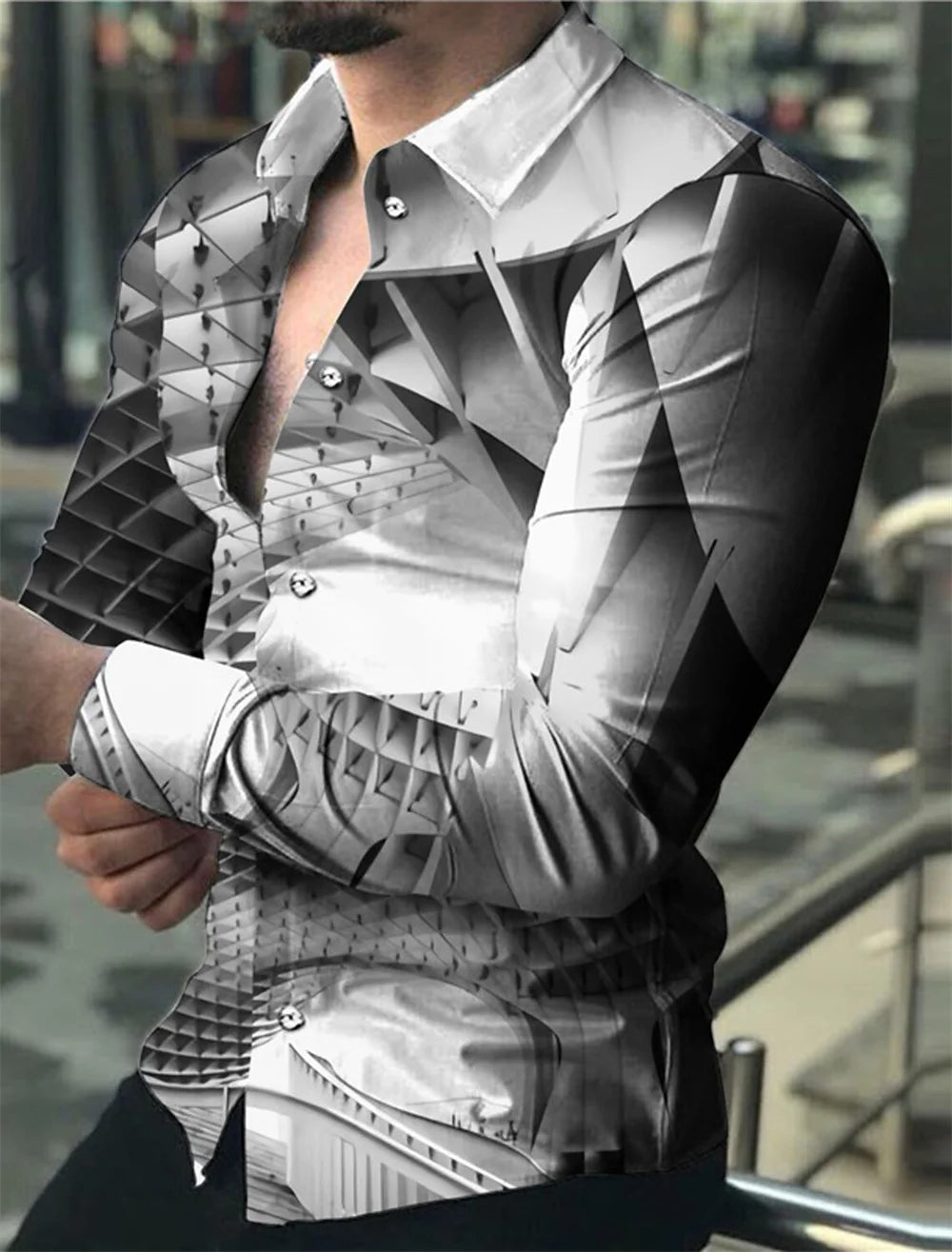 Men's shirt with gold pattern print, white, black, red long sleeved lapel button up shirt, fashionable casual top, plus size