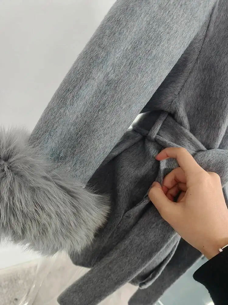 UCXQ Elegant OL Office Lady Overcoats Fur Patchwork Long Sleeve Woolen Coat Beautiful Women's Clothing Jacket Autumn 2025 Winter