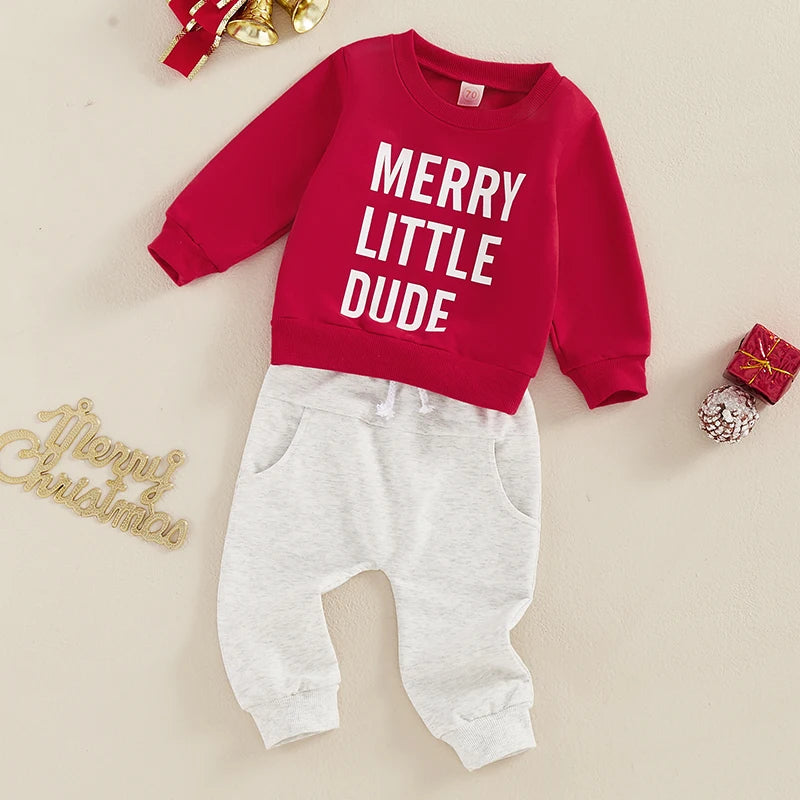 Kids Christmas Outfit Set Long Sleeve Letter Print Sweatshirt and Drawstring Pants Set for Boys