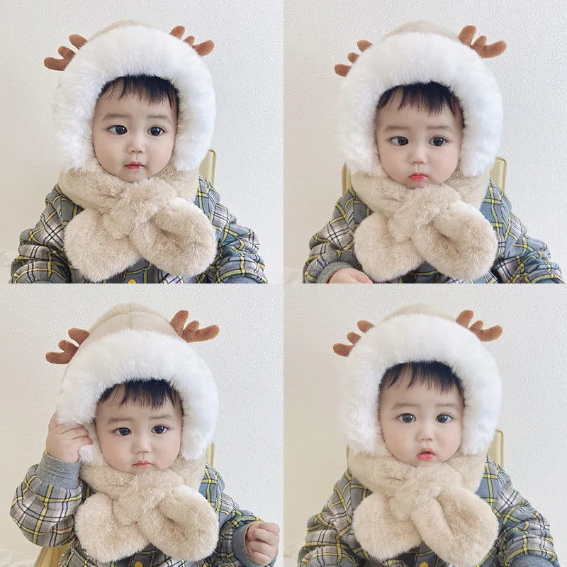 Winter Baby Hat Scarf One-Piece Faux Fur Baby Bonnet Infant Cap Kids Hats for Girls Boys Ears Neck Warmer Children Beanie 6-30M