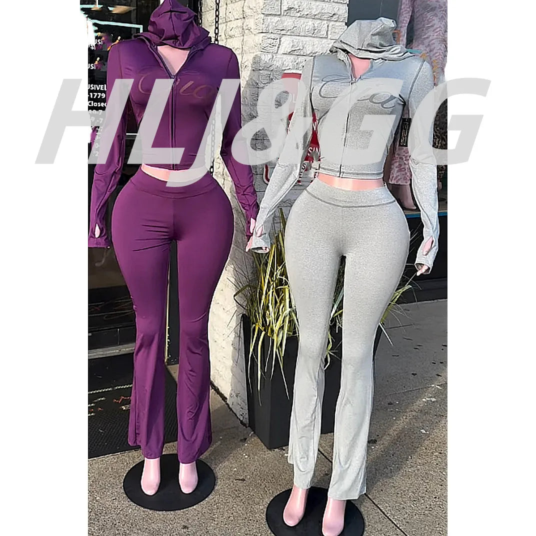 HLJ Fashion Ins Letter Print Hooded Two Piece Sets Women Zipper Long Sleeve Crop Top And Skinny Pants Outfit Y2K 2pcs Streetwear