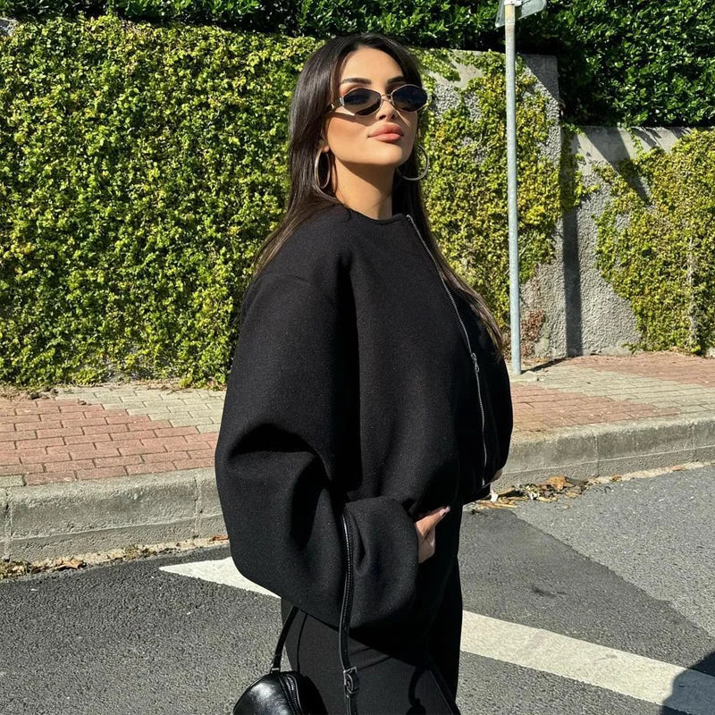 MUJER Black Bomber Jackets for Women Zipper Varsity Jackets Women Soft Cropped Jackets Woman 2025 Long Sleeve Winter Coat Female