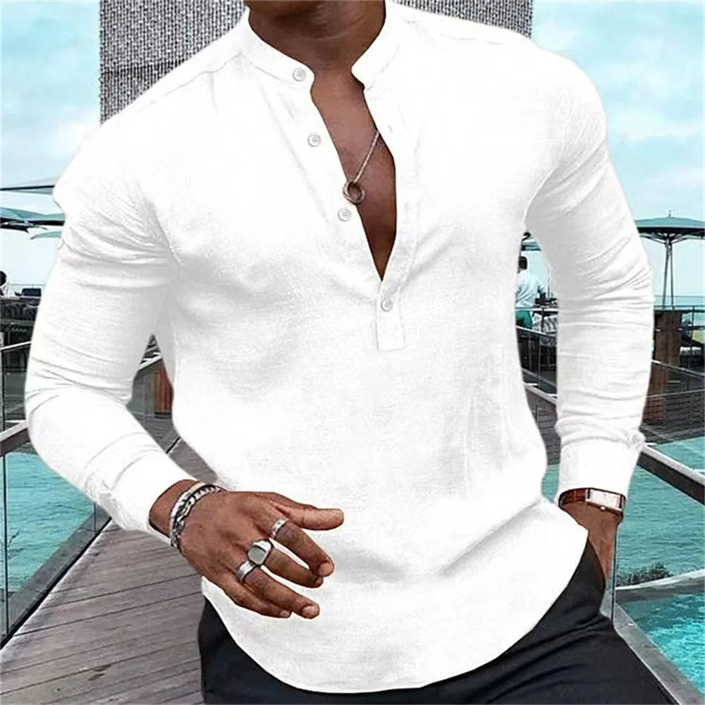 2023 New Fashion Men's High Quality Shirt Henry Solid Half Open Button Standing Neck Muscle Men's Street Casual Top