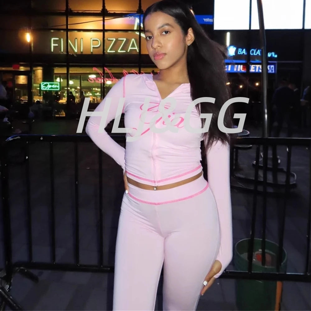HLJ Fashion Ins Letter Print Hooded Two Piece Sets Women Zipper Long Sleeve Crop Top And Skinny Pants Outfit Y2K 2pcs Streetwear