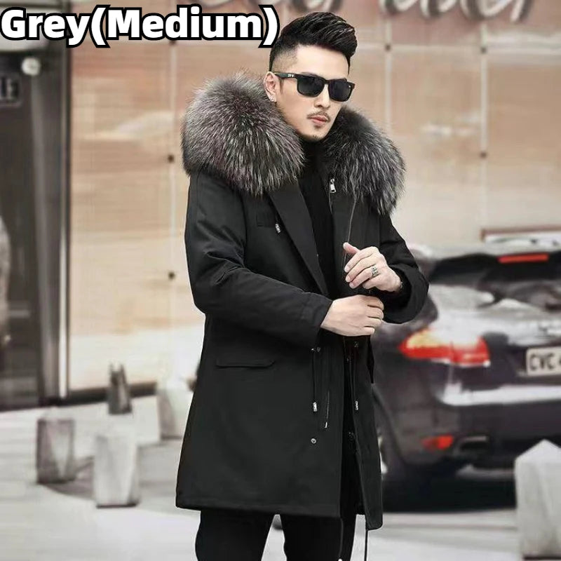 Faux Fur Coat Loose OverCoat Thick Warm Men Plush Coats Fox Hair Inner Liner Detachable Collar Long Fur Parkas Fur Jacket