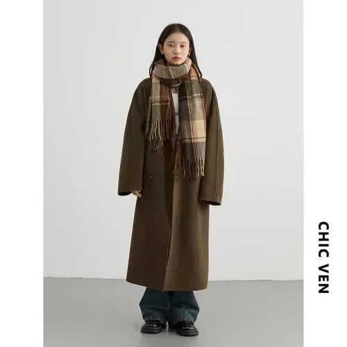 CHIC VEN Women Long Double-sided Woolen Coats Retro Loose Female Overcoat Double Breasted Ladies Windbreak Autumn Winter 2025