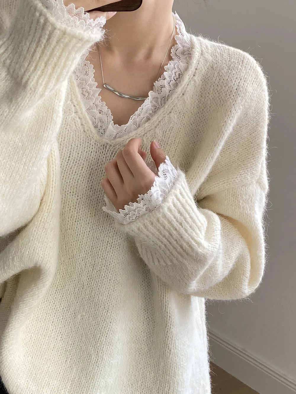 Aoaiiys Sweaters Women V Neck Lace Spliced Pullovers Vintage Chic Knitted Jumpers Autumn Winter New Comfortable Loose Sweaters
