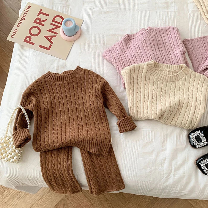 Autumn Spring Korean Style Kids Knitted Clothing Set Long Sleeved Solid Color Knitted Pullover+Pants Baby Girl Clothes Suit