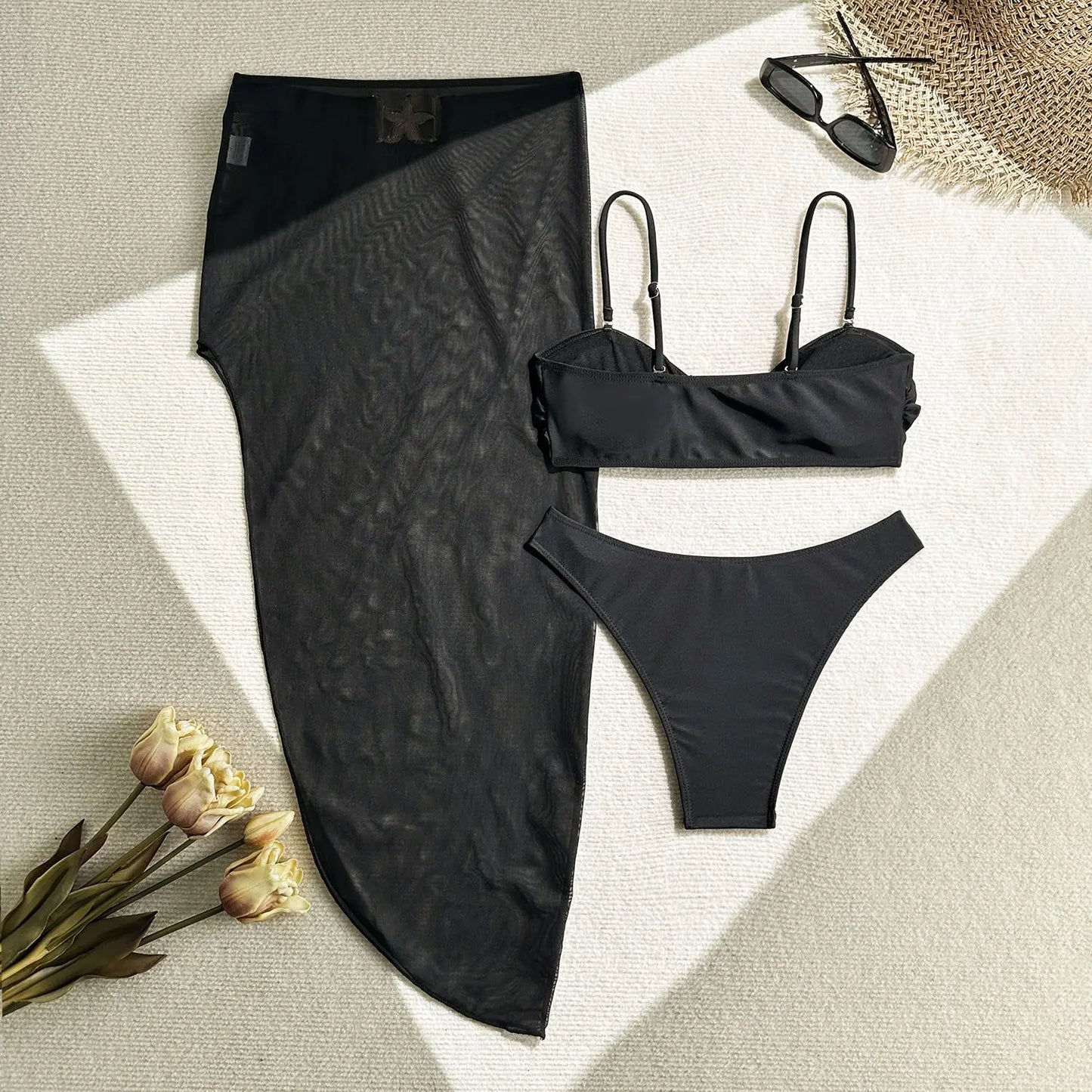 Women's 3 Piece Swimsuit Metal Starfish Bikini Set High Waist Yarn Skirt Cover-ups Suspender Backless Swimwear 2025 Summer New