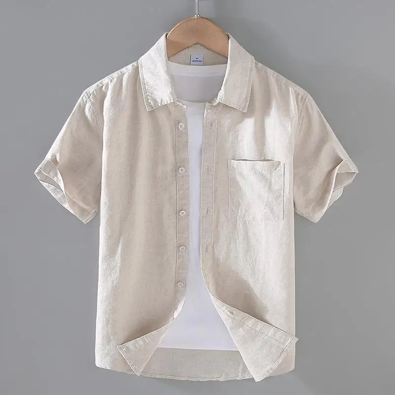 Men's Cotton Linen Short-Sleeved Shirt Summer Streetwear Plain Color Stand Collar Casual Beach Style plus Size M-3XL