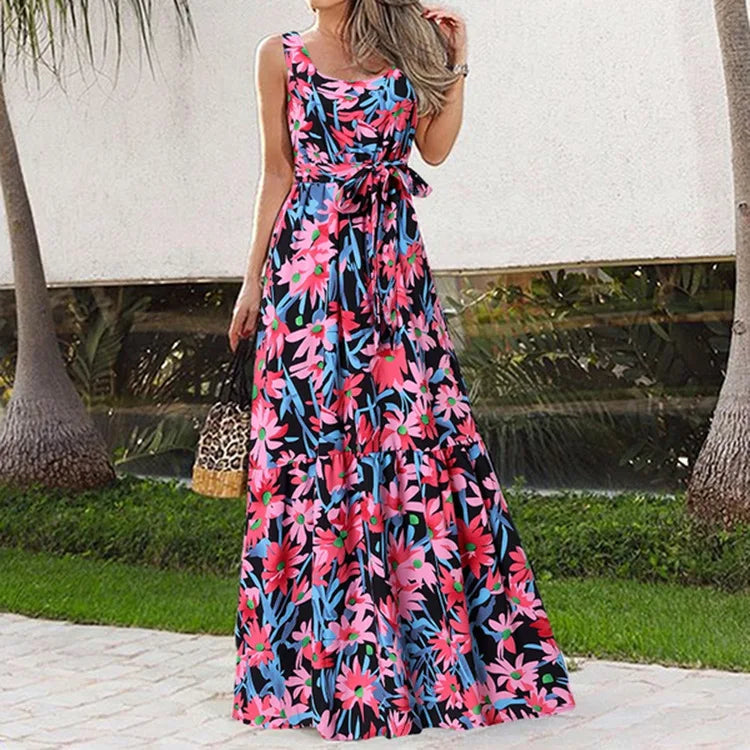 Summer Flower Print Sleeveless Long Dresses Women Elegant Casual Vacation Style Dress O Neck High Waist Leace-up Maxi Vestidos