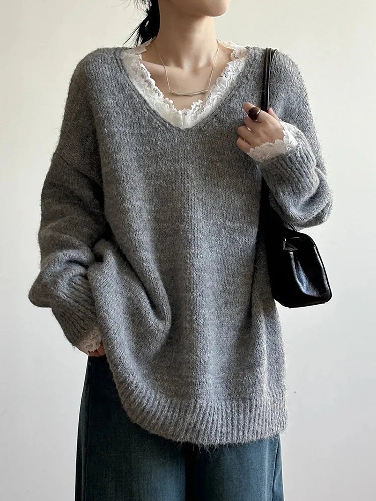 Aoaiiys Sweaters Women V Neck Lace Spliced Pullovers Vintage Chic Knitted Jumpers Autumn Winter New Comfortable Loose Sweaters