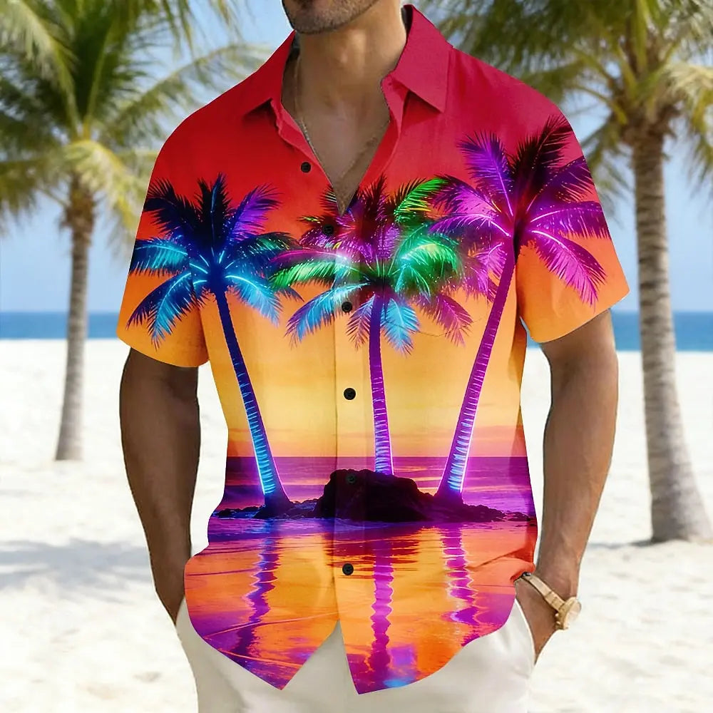 2026 Men's Coconut Tree Landscape Neon Glow Shirts Hawaiian Shirt Aloha Shirt Short Sleeve Vacation Summer Front One Pocket