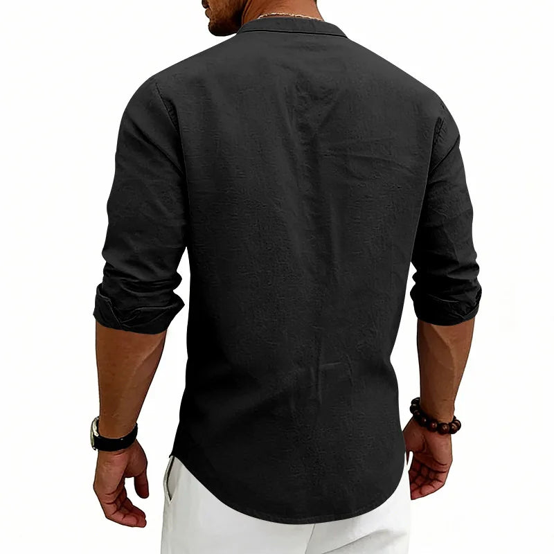 Summer Men's Linen Henry Long Sleeve T-Shirt  European and American Woven Solid Color Casual Polo Shirt