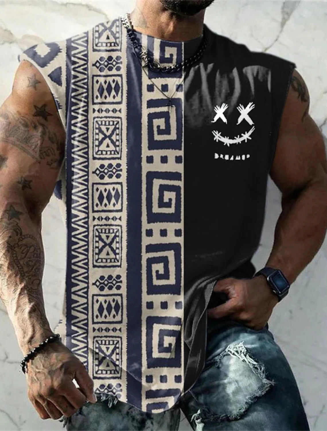 Summer New Men's Vest T Shirt Patterned Tribal Round Neck Clothing Daily Fitness Sports Vintage Sleeveless Printed Ethnic Tops