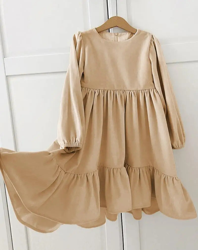New 7-12 years Girls Spring Autumn Winter Velvet Long Sleeve Ruffle Hem Dress Princess Kids Party Dressess Children Clothing