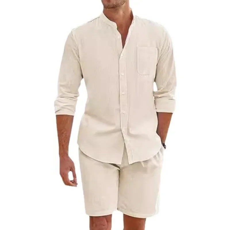 2025 Men's Two-piece Sets Cotton and Linen Comfortable Button Shirt Long Sleeve Shorts Cardigan Simple Casual Beachwear