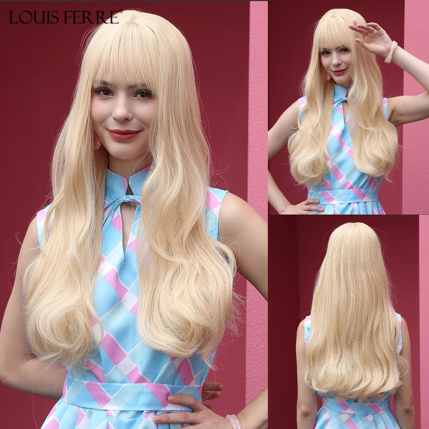 LOUIS FERRE Black Pink Ombre Synthetic Wigs for Cosplay Long Straight Layered Wigs with Bangs for Women Heat Resistant Fake Hair