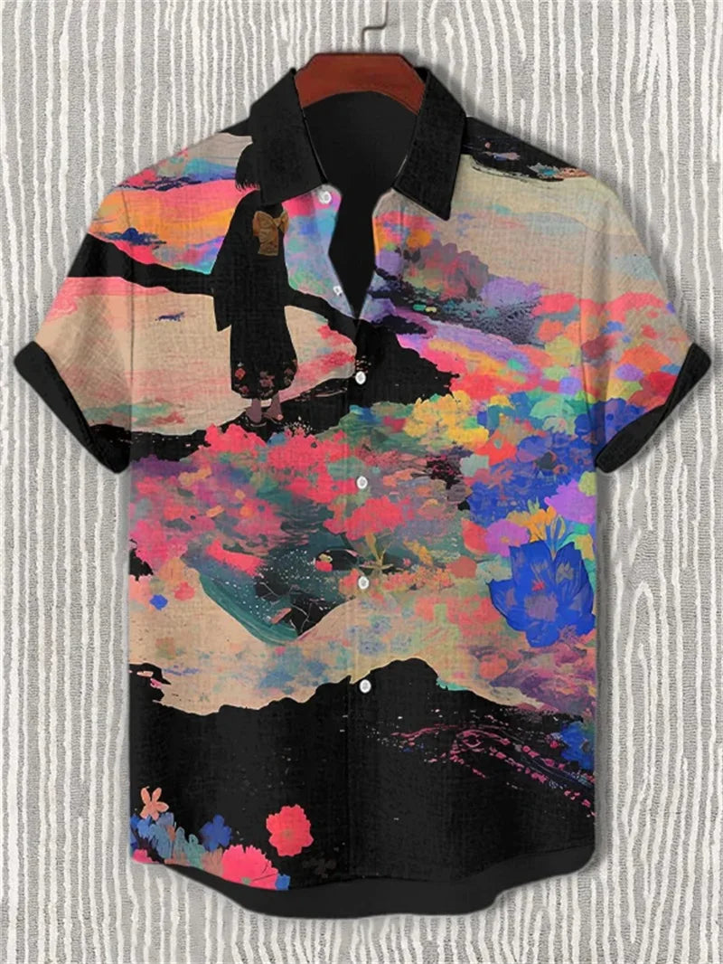 New men's 3D octopus print short sleeved shirt, retro summer linen shirt, men's holiday casual short sleeved streetwear