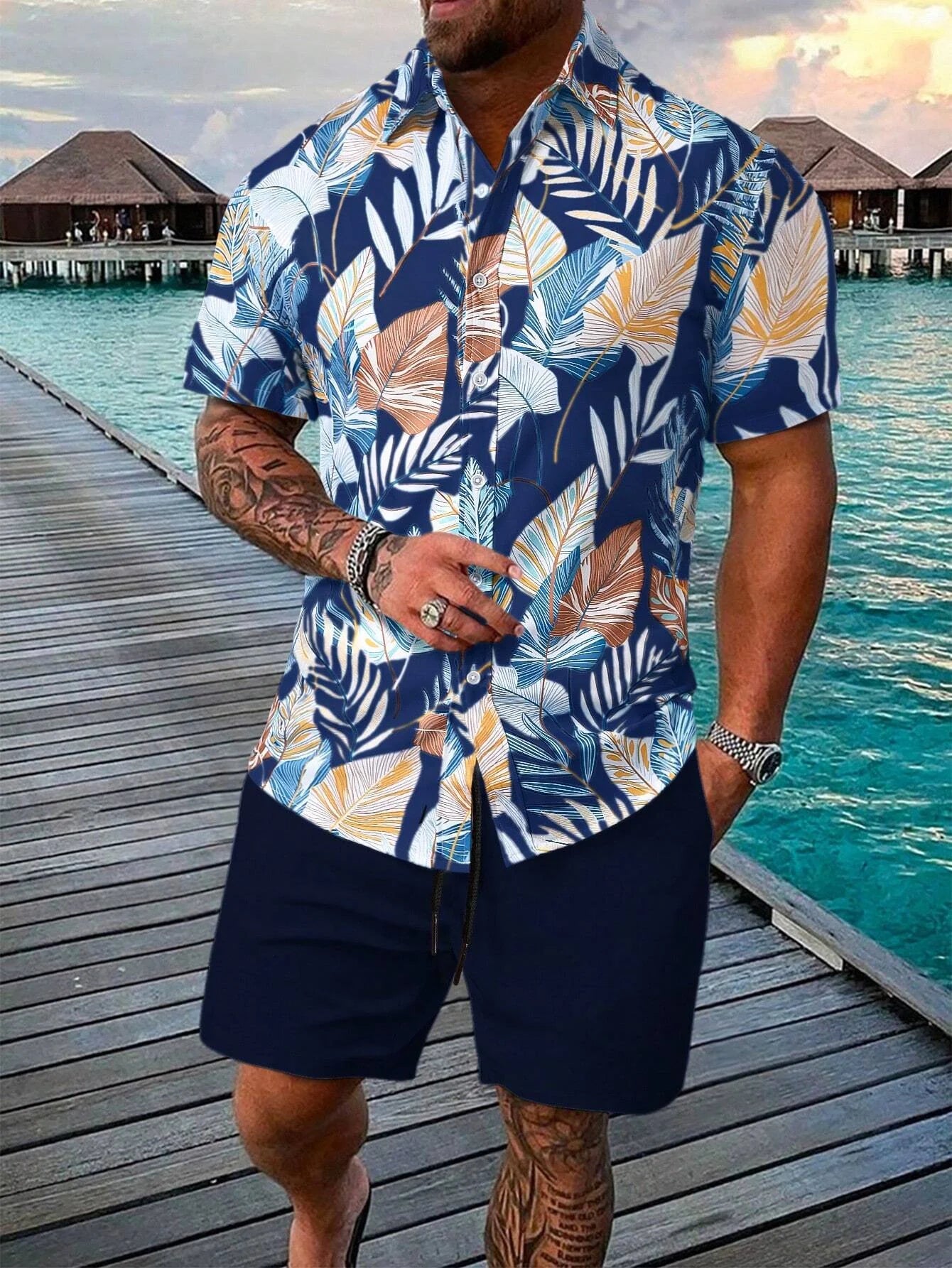 Men's Tropical Floral Hawaiian Shirt Short Sleeve Button Down with Vivid Hibiscus and Palm Leaves Print Summer Casual Beach Wear