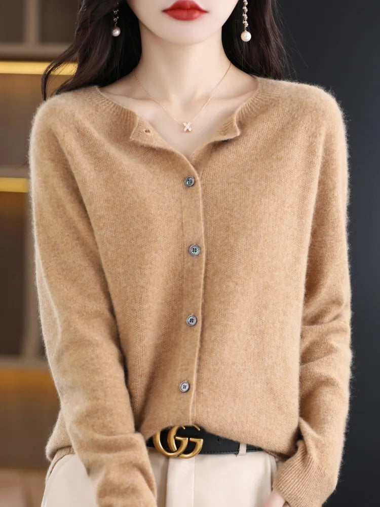 Long Sleeve 100% Merino Wool Sweaters Cashmere Cardigan Spring Autumn Women O-Neck Knitwear Tops Clothing Fashion Basic Tops