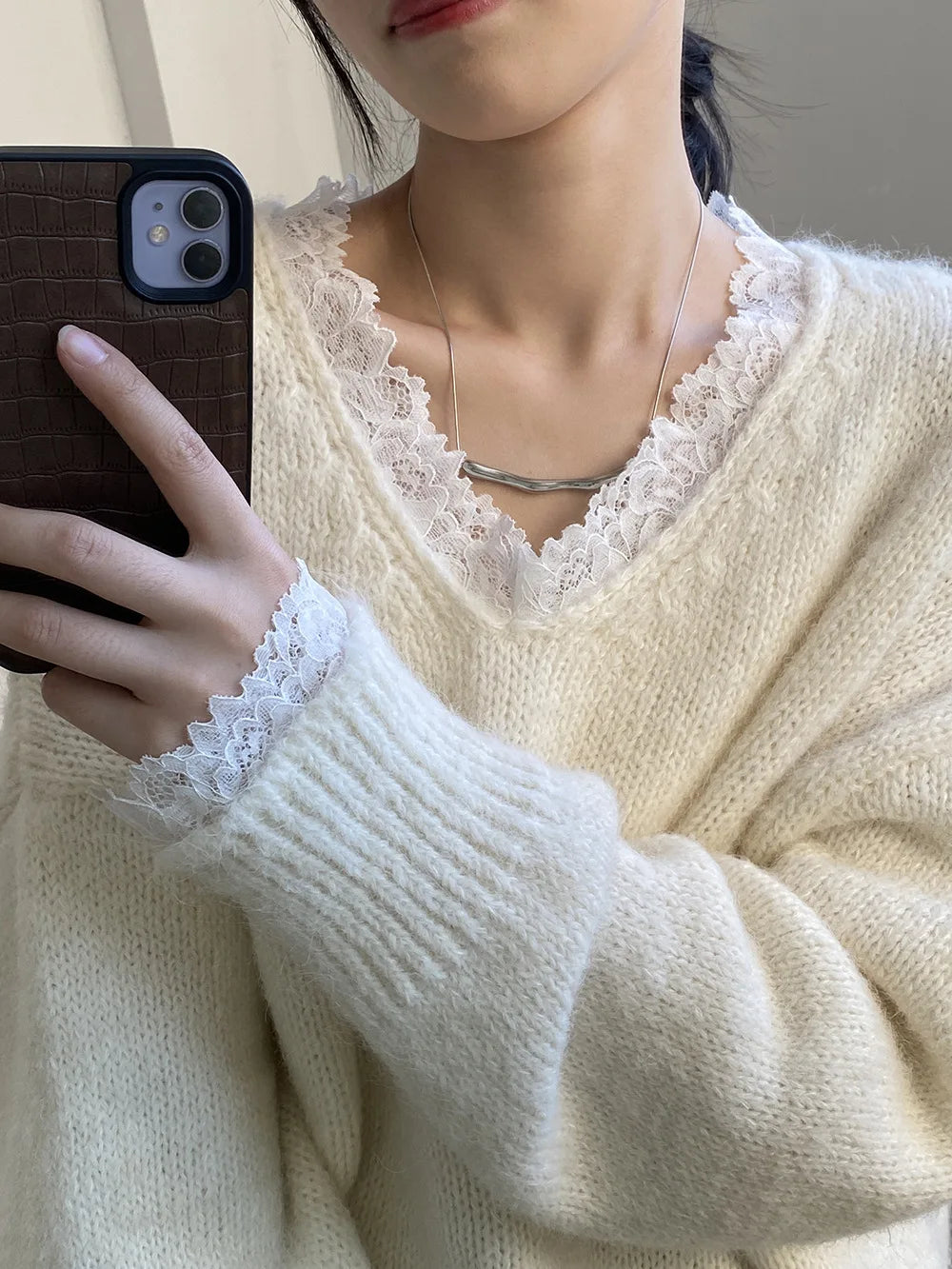 Aoaiiys Sweaters Women V Neck Lace Spliced Pullovers Vintage Chic Knitted Jumpers Autumn Winter New Comfortable Loose Sweaters