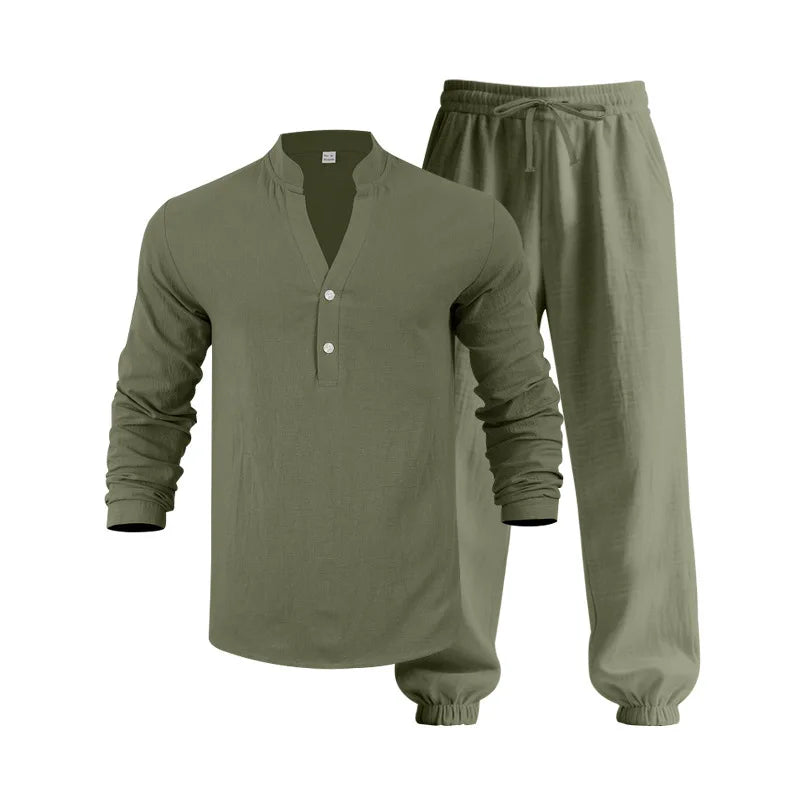 American loose linen set for men autumn Hawaiian home commuter thin Henry shirt long sleeve pants set