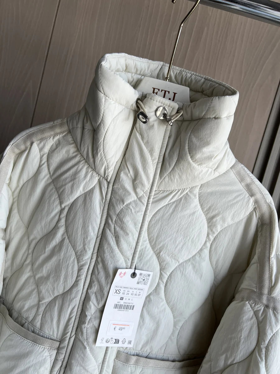 Quilted coat for women ETJ 2025 QUILTED JACKET WITH TIES new beige drawstring high neck pocket clip cotton jacket for women