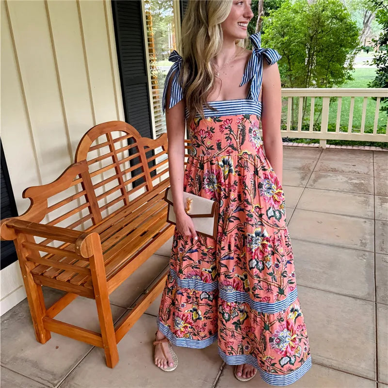 hirigin Women Summer Boho Maxi Dress Vintage Floral Tie Shoulder Flowy Long Dress Square Neck Ruffle Tiered Beach Sundress