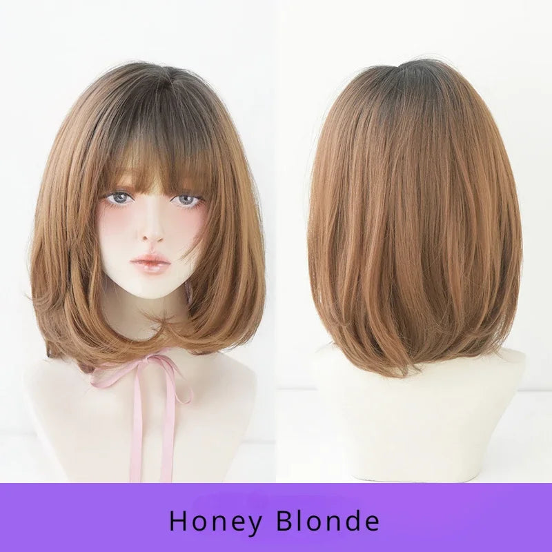 Pixie Cut Wigs Synthetic Short Straight Pink Brown Bob Wigs with Dark Roots High Density Layered Hair Wigs with Curtain Bangs