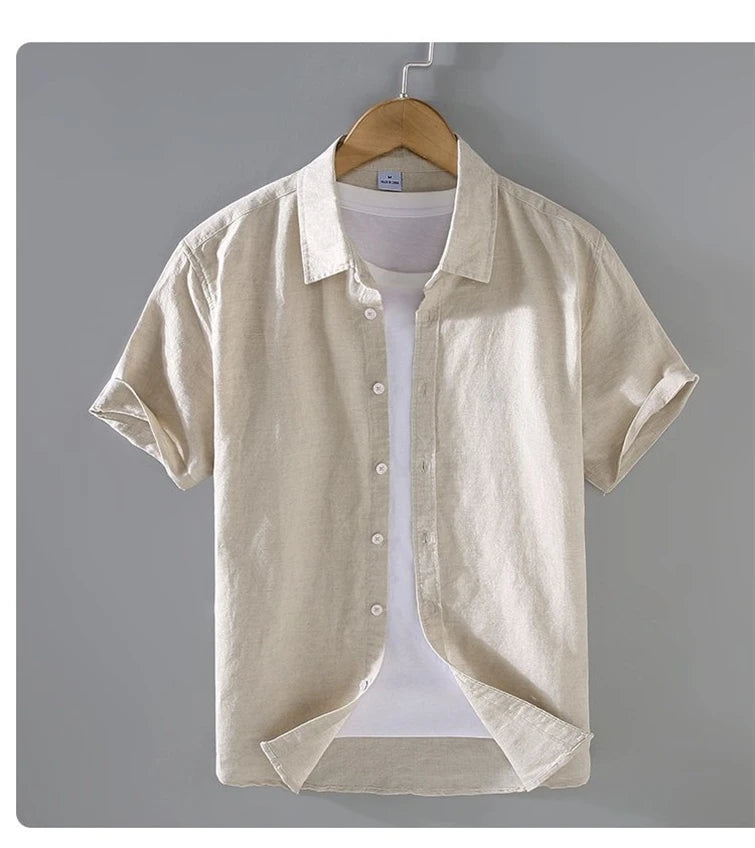 Men's Cotton Linen Short-Sleeved Shirt Summer Streetwear Plain Color Stand Collar Casual Beach Style plus Size M-3XL