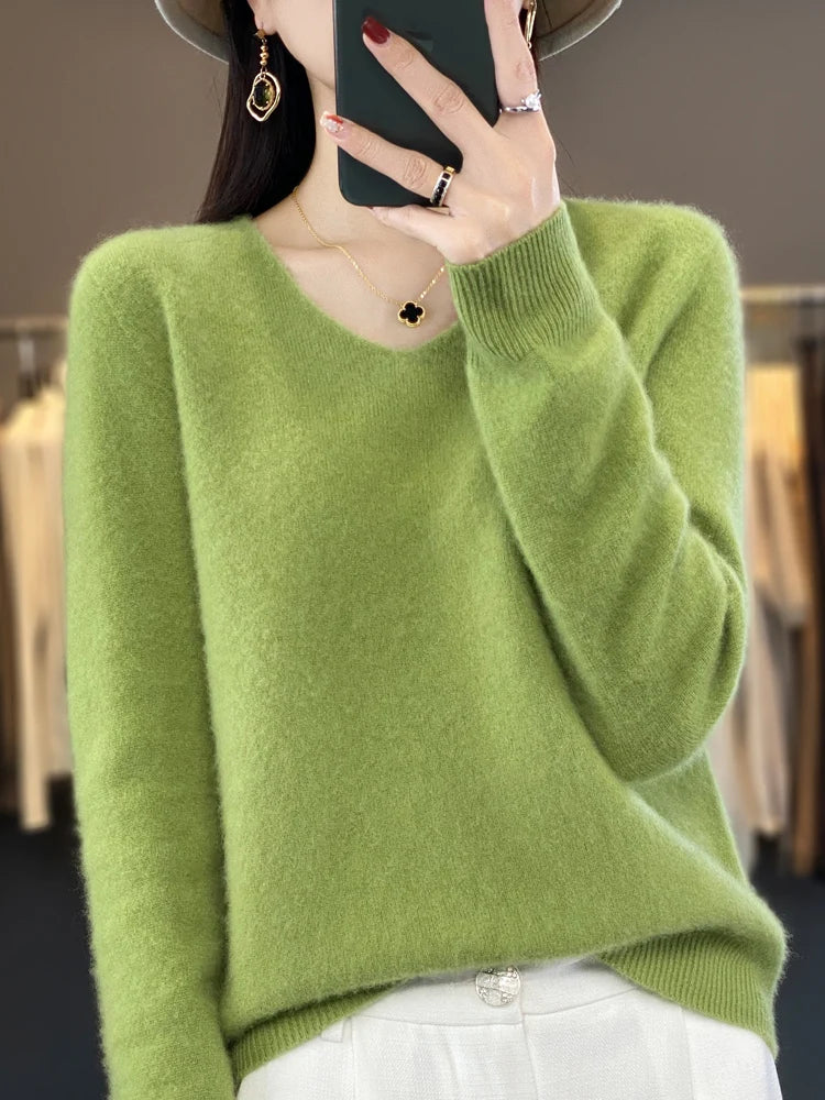 Fashion100% Merino Wool Sweater Cashmere  Pullover Women Knitwear V-Neck Long Sleeve  Autumn Winter Fashion Basic Clothing  Tops
